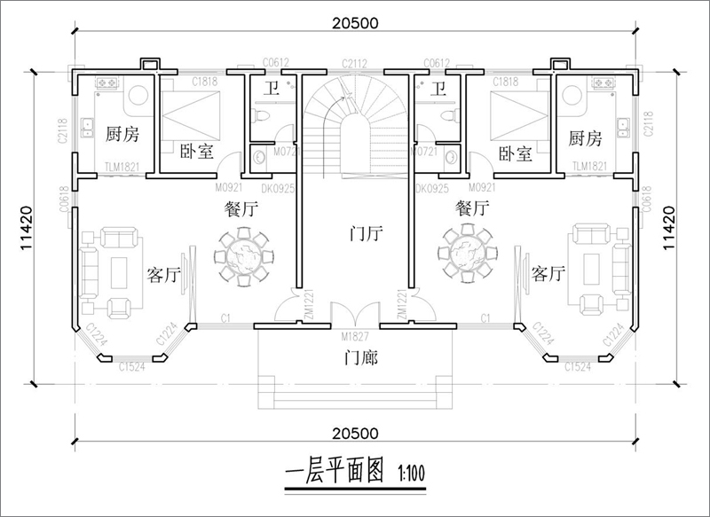 双拼别墅一层平面图