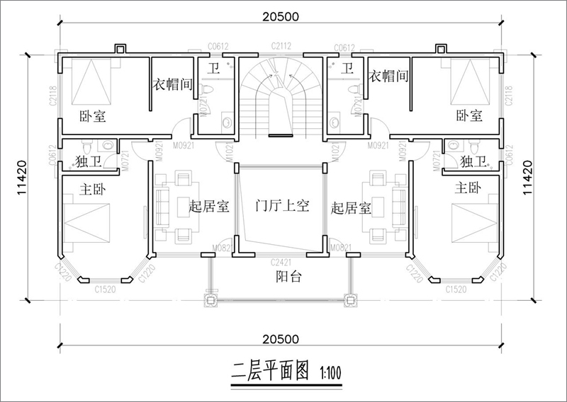 双拼别墅二层平面图