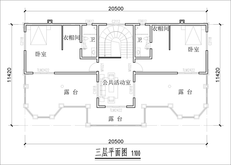 双拼别墅三层平面图