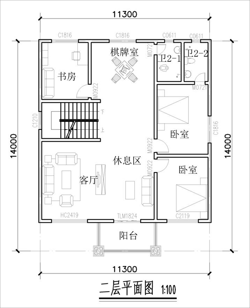 农村三间别墅二层平面图