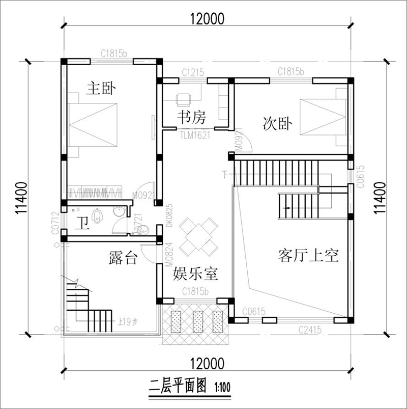 二層現代農村別墅圖紙挑空客帶弧形樓梯