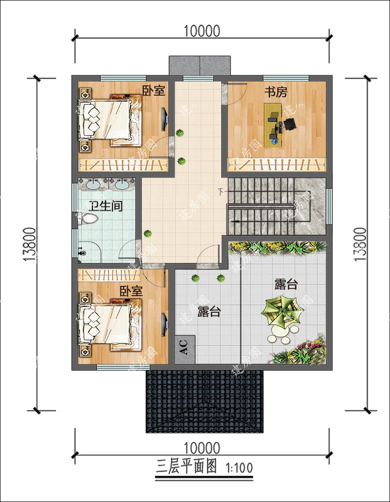 10米x14米三层新中式房屋平面图