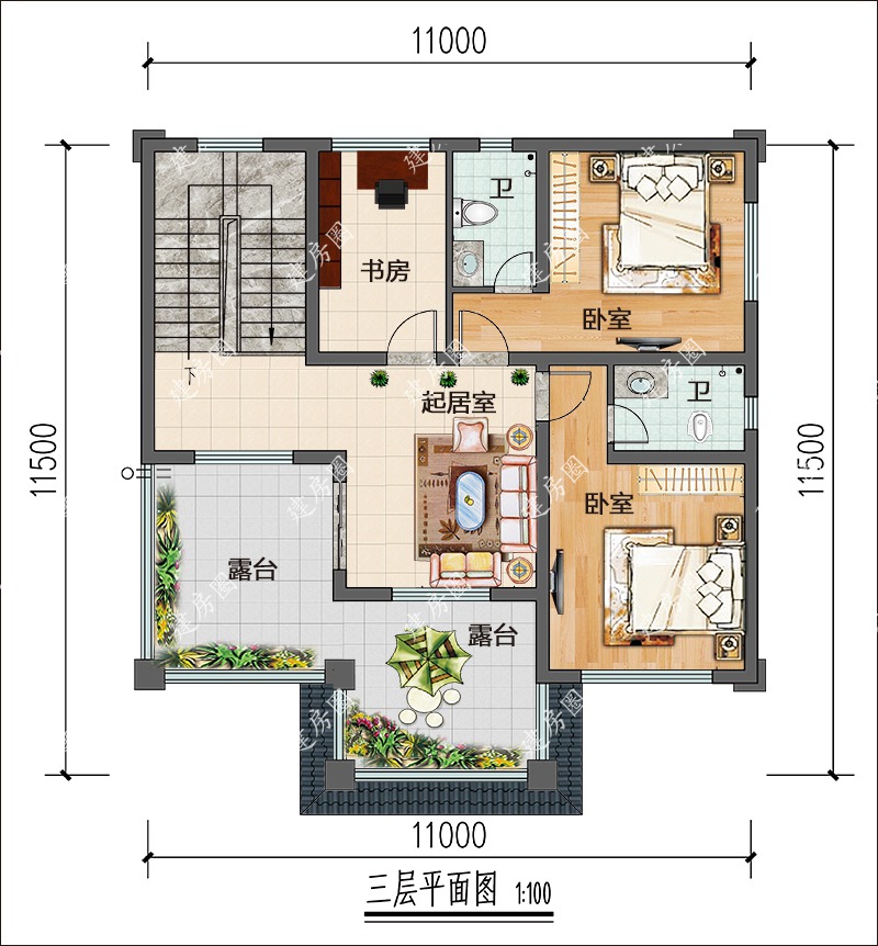 11米x11米农村三层小别墅三层布局图